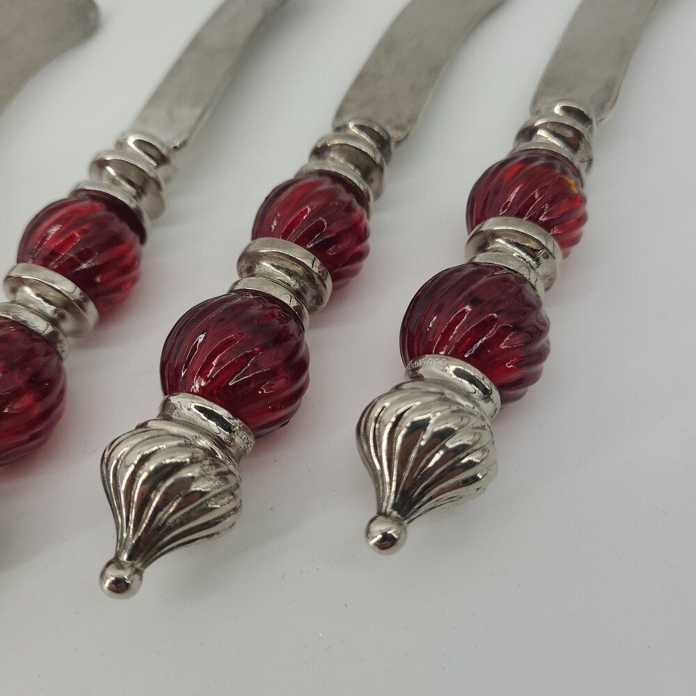 4 Vintage Cheese Butter Spreaders Ruby Red Swirl Glass Beads Silverplate Tone